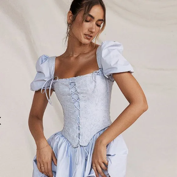 House of CB 'Maribel' Soft Blue Broderie Corset Mini Dress NWOT - Picture 4 of 9